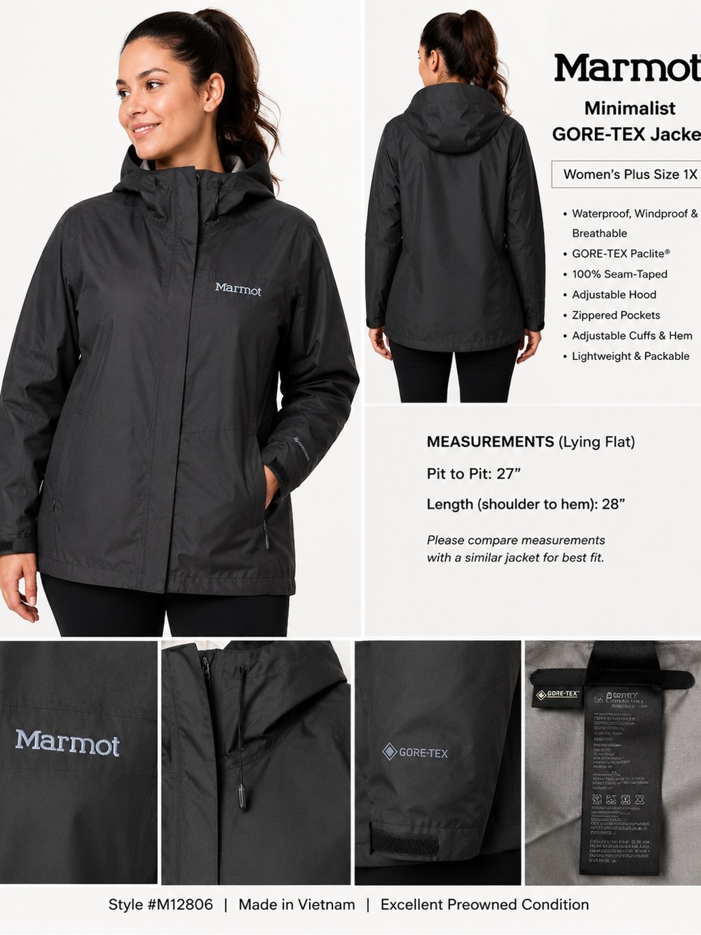 Marmot Women’s Minimalist GORE-TEX Waterproof Rain Jacket Black 1X
